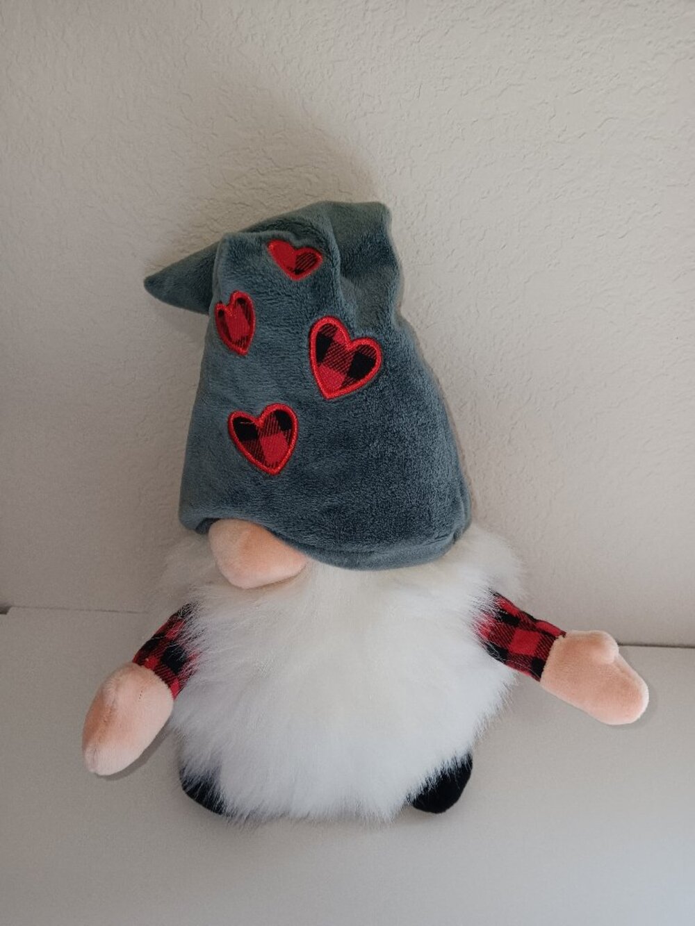 Arkin by Progressive Plush 11" Valentine Gnome with Grey Hat and Plaid Hearts